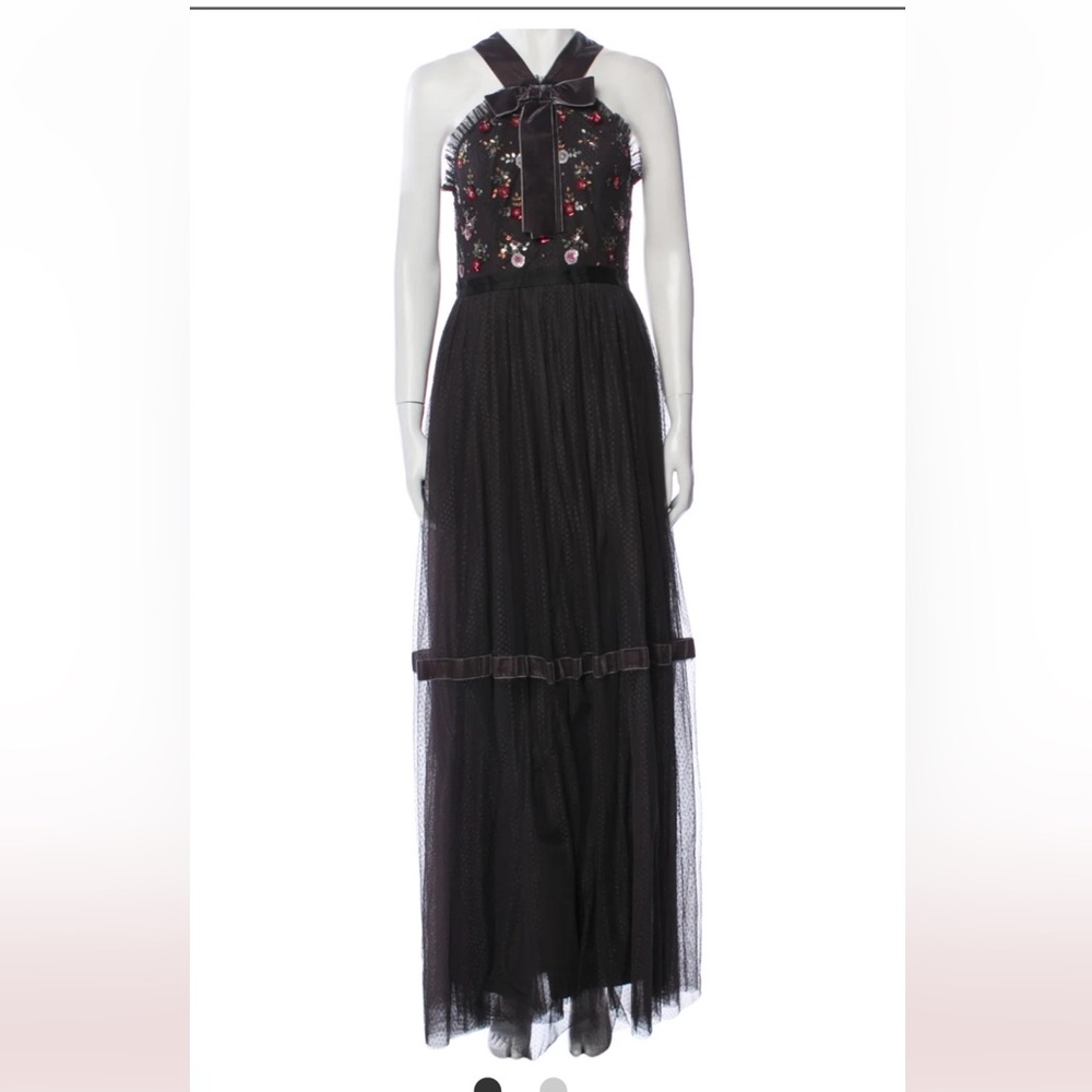 Needle & Thread black floral embroidered dress with bow